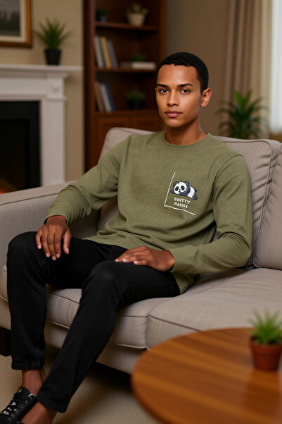 PayBuy Men's Khaki Panda Printed Crew Neck Long Sleeve Pajama Set Functional Durable Sport