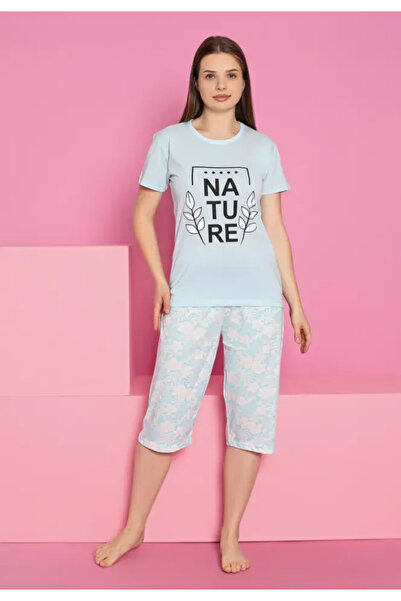 TOSKI Γυναικεία Βαμβάκι πιτζάμα, μπλουζάκι και παντελόνι 3/4, τύπωμα NATURE