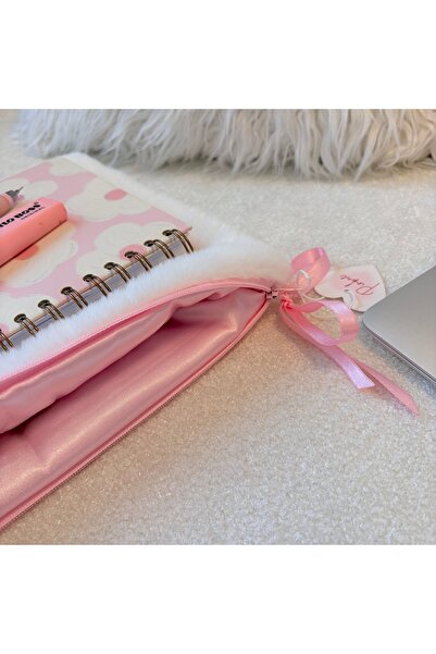 PİNKUE White Plush Pink Lining Ribbon Detailed Laptop Sleeve (11 • 13 • 16 In...