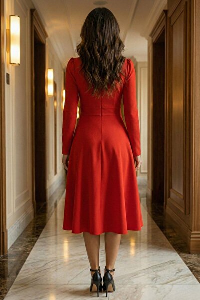 Mossta Red V-Neck Waist Fitted Midi Dress – Stylish Event Model