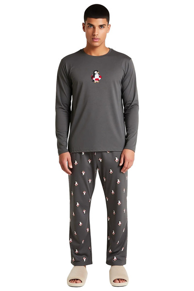 PayBuy Men's Penguin Embroidered Crew Neck Long Sleeve Pajama Set Functional Durable Aesthetic