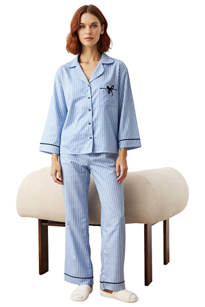 PayBuy Set de pijamale din poplin cu dungi pentru femei, cu guler de cămașă, cu mânecă lungă, funcțional, durabil, de calitate, elegant