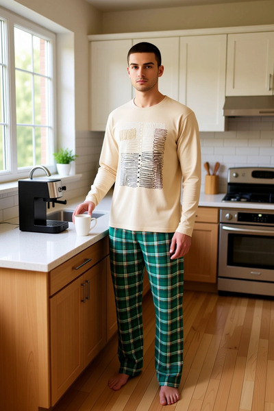 PayBuy Ανδρικό σετ πιτζάμες με καρό σχέδιο ανθρακί με λαιμόκοψη, λειτουργικό, ανθεκτικό, κομψό