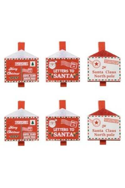 SHOPIENS Decorative Wooden Christmas Clothespins with Santa's Letter Design, 3 Models, 3.5 cm - 6 pcs