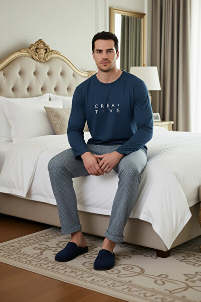 PayBuy Men's Geometric Pattern Crew Neck Pajama Set Functional Durable Quality Aesthetic