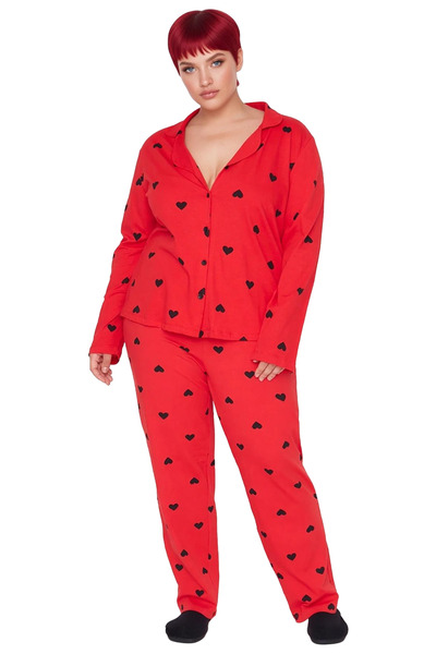 PayBuy Women's Red Heart Patterned Shirt Collar Pajama Set Functional Durable Quality Modern