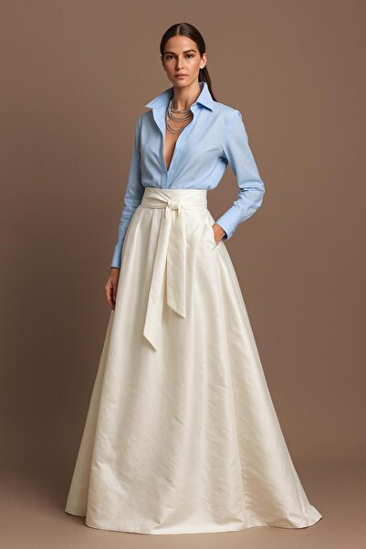 ALYEL NAKER طقم قميص من قماش البوبلين الأزرق وتنورة من قماش التفتا الإيكروي (...