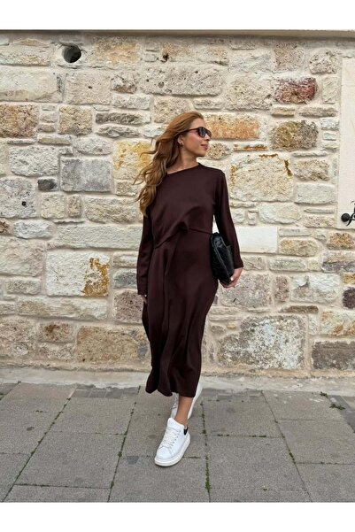 İrka Moda Uzun Kol Crop Elbise Askılı Takım