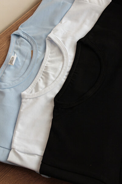 mirach 3-Piece Economical Set Zero Round Neck Collar Sleeves Light Blue White Black Body Flexible Stretch Fabric