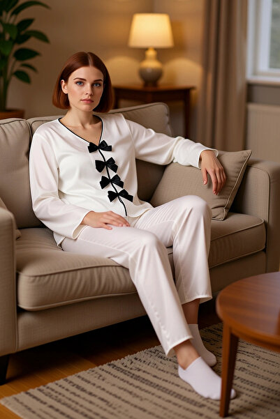 PayBuy Set de pijamale pentru femei din satin cu decolteu în V, cu detaliu de fundă, funcțional, durabil, de calitate, confortabil, elegant