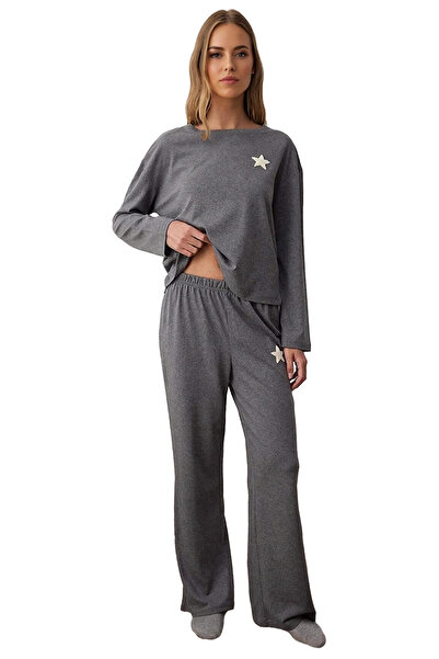PayBuy Women's Anthracite Star Embroidered Crew Neck Pajama Set Functional Durable Quality Stylish