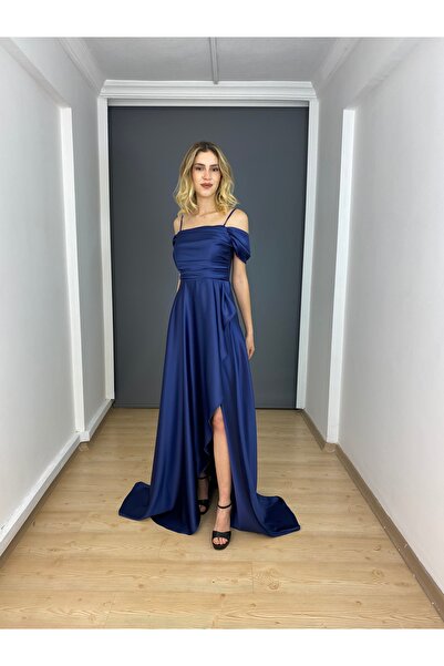 gökkuşagı moda Lacivert Saten Straplez Askılı Sırtı Bağlamalı Uzun Abiye Elbise