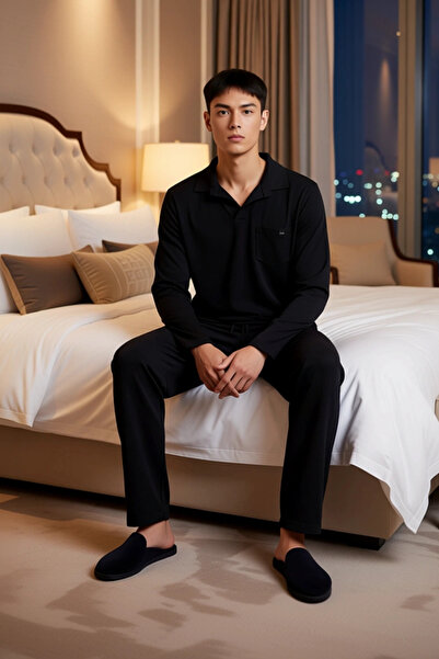 PayBuy Men's Waffle Textured Polo Neck Pajama Set Functional Durable Quality Comfortable Modern