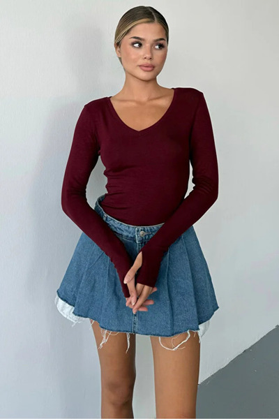 jeneric Burgundy V-Neck Finger Insert Detail Buzzy Fabric Slim Fit Body-Blouse