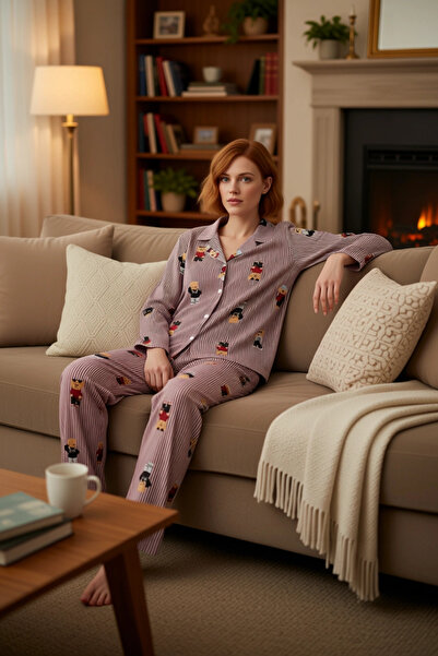 PayBuy Kadın Ayıcık Desenli Gömlek Yaka Pijama Takımı Fonksiyonel Dayanıklı K...