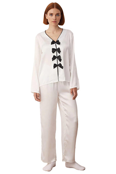 PayBuy Set de pijamale pentru femei din satin cu decolteu în V, cu detaliu de fundă, funcțional, durabil, de calitate, confortabil, elegant