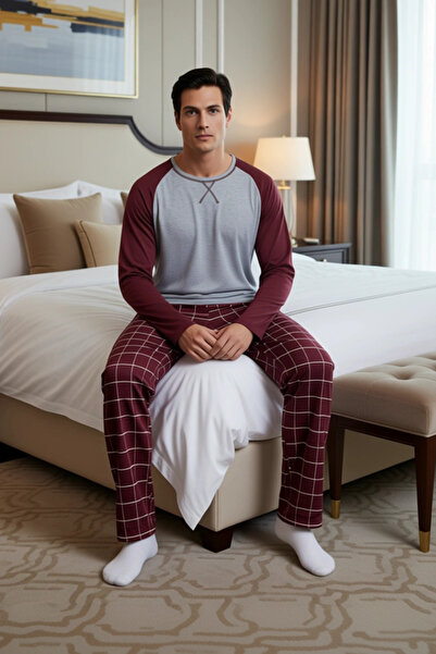 PayBuy Men's Crew Neck Checkered Pajama Set Long Sleeve Functional Durable Quality Aesthetic