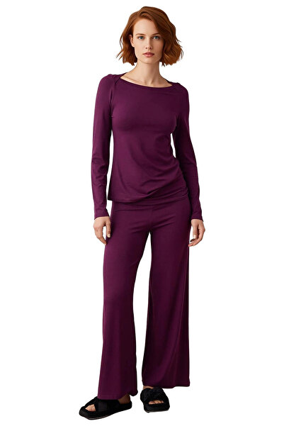 PayBuy Women's Plum Viscose Single Jersey Boat Neck Long Sleeve Pajama Set Functional Durable Comfortable
