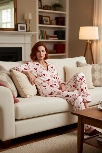 PayBuy Women's Heart Patterned Viscose Pajama Set Functional Durable Quality Comfortable Aesthetic Stylish