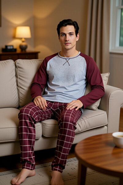 PayBuy Men's Crew Neck Checkered Pajama Set Long Sleeve Functional Durable Quality Aesthetic