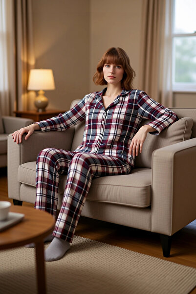 PayBuy Γυναικείο καρό φανελένιο σετ πιτζάμες πουκάμισο με γιακά μακρυμάνικο λ...