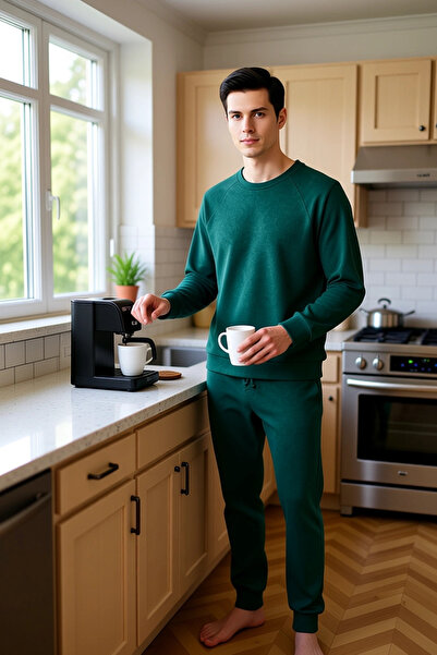 PayBuy Ανδρικό σετ πιτζάμες με υφαντό βάφλα με λαιμόκοψη σε σχήμα V, ανοιχτό χακί, λειτουργικό, ανθεκτικό, ποιοτικό και άνετο