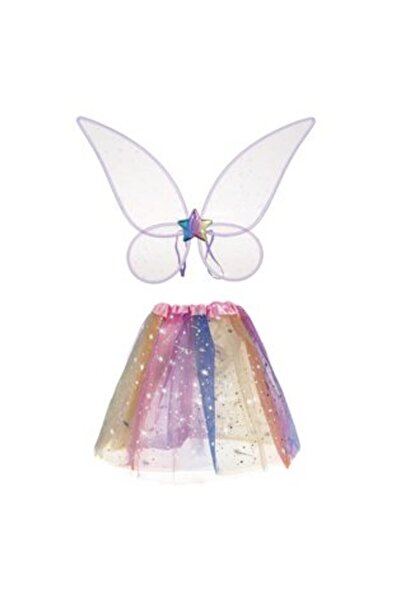 SHOPIENS Costume Set - Rainbow Tutu Skirt with Silver Stars & Lilac Wings with Holographic Stars (2 pcs)