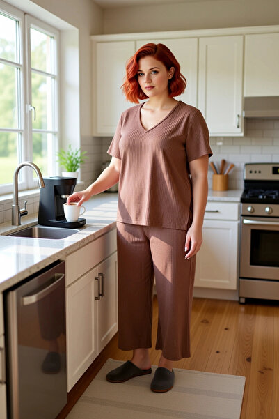 PayBuy Women's V-Neck Corded Fabric Knitted Pajamas Set Functional Durable Quality Comfortable Aesthetic Stylish