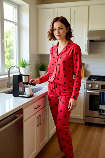 PayBuy Women's Heart Patterned Shirt Collar Pajama Set Functional Durable Quality Comfortable Casual