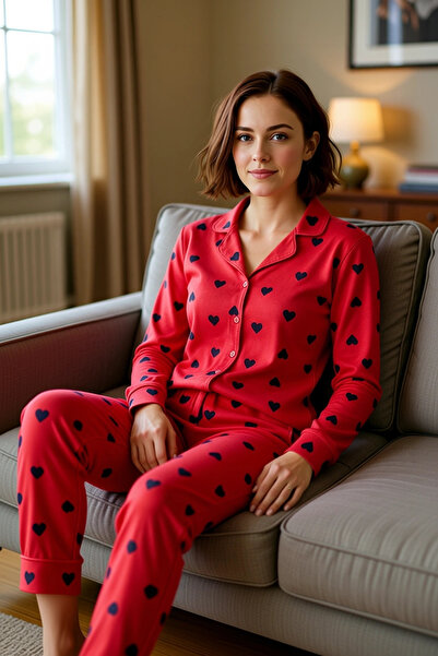 PayBuy Women's Heart Patterned Shirt Collar Pajama Set Functional Durable Quality Comfortable Casual