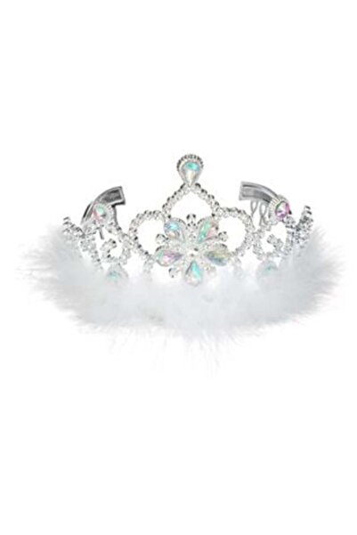 SHOPIENS Silver Hair Tiara Crown with Iridescent Stones & White Feathers for Kids