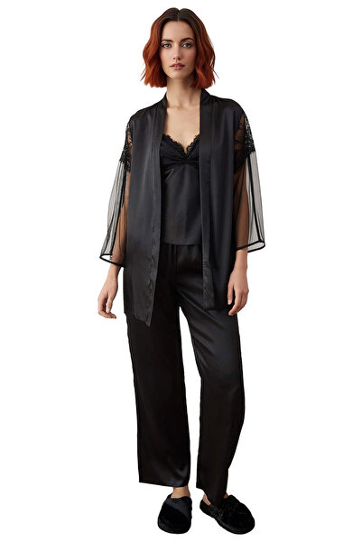 PayBuy Set de pijamale și kimono din satin cu decolteu în V pentru femei, fără mâneci, funcțional, durabil, de calitate, sport