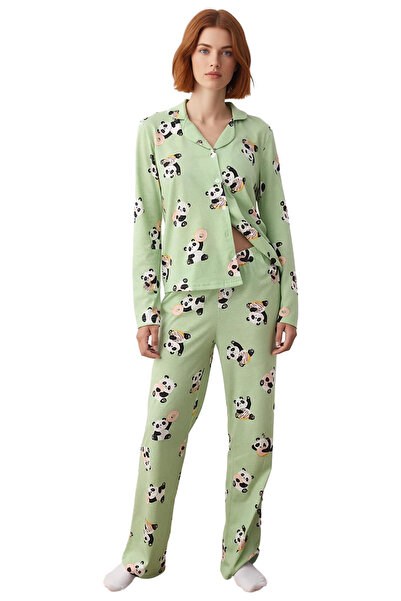 PayBuy Women's Bear Pattern Plaid Pajama Set Shirt Collar Long Sleeve Functional Durable Sports