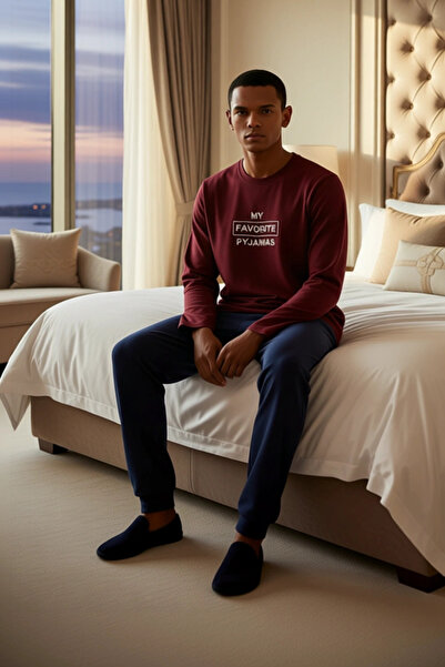 PayBuy Men's Anthracite Crew Neck Slogan Printed Pajama Set Functional Durable Quality Stylish