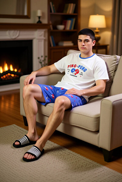 PayBuy طقم بيجامة رجالي ذو طابع بينج بونج وياقة دائرية وشورت، عملي ومتين وأنيق