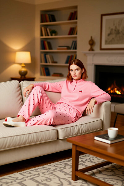 PayBuy Set de pijamale pentru femei cu model cireș, cu fermoar, guler ridicat funcțional, durabil, de calitate