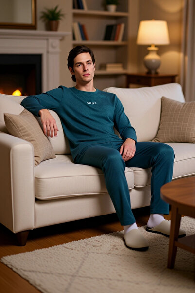 PayBuy Men's Anthracite Crew Neck Printed Long Sleeve Pajama Set Functional Durable Modern