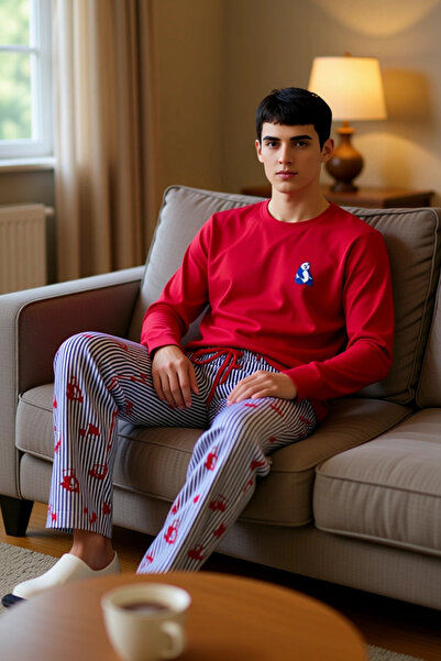 PayBuy Erkek Kirmizi Hayvan Figurlu Bisiklet Yaka Pijama Takımı Fonksiyonel D...