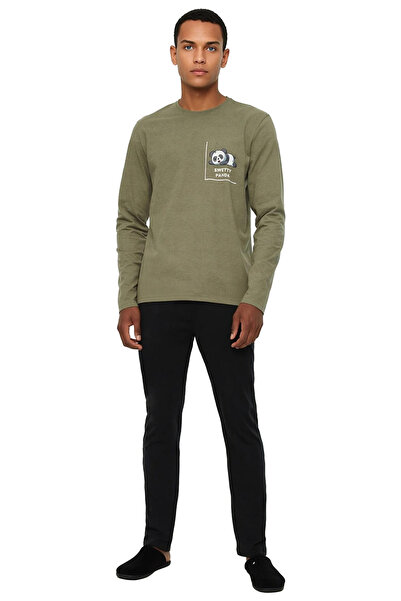 PayBuy Men's Khaki Panda Printed Crew Neck Long Sleeve Pajama Set Functional Durable Sport