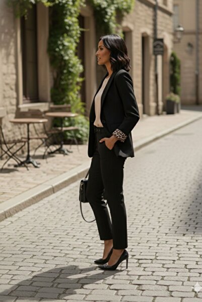 diaves Black Shawl Collar Folded Leopard Lined Sleeve Single Button Jacket Carrot Pants Suit