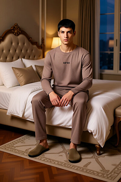 PayBuy Men's Anthracite Crew Neck Printed Long Sleeve Pajama Set Functional Durable Modern