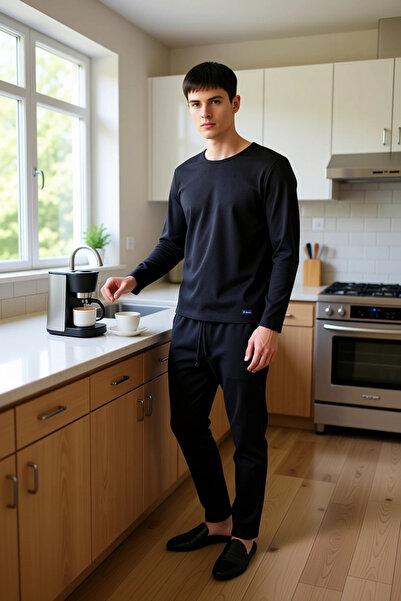 PayBuy Men's Waffle Textured Pajama Set Crew Neck Long Sleeve Regular Fit Functional Aesthetic