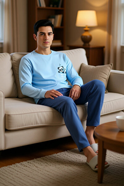 PayBuy Ανδρικό σετ πιτζάμες με μακρυμάνικο λαιμόκοψη Khaki Panda με τύπωμα Λειτουργικό ανθεκτικό αθλητικό