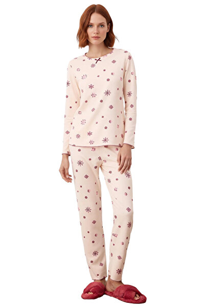 PayBuy Women's Powder Snowflake Patterned Waffle Pajama Set Functional Durable Quality Aesthetic