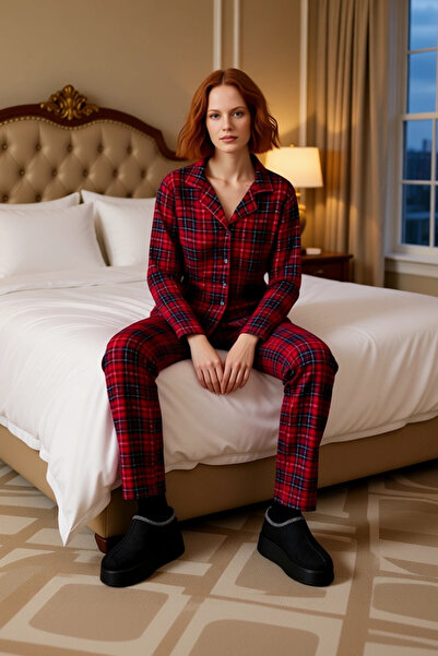 PayBuy Women's Red Plaid Shirt Collar Pajama Set Soft Textured Functional Durable Aesthetic
