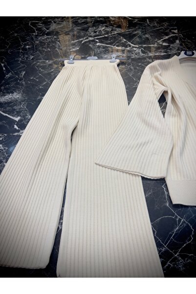 MY QILAM Women's Hijab Bottom Top Set Premium Corded Fabric Cardigan Pants Knitwear Set Ecru