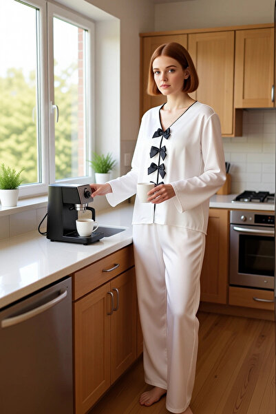 PayBuy Set de pijamale pentru femei din satin cu decolteu în V, cu detaliu de fundă, funcțional, durabil, de calitate, confortabil, elegant