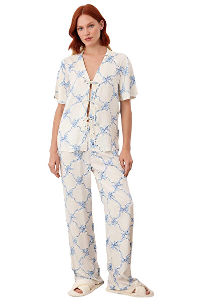 PayBuy Set de pijamale din țesătură din viscoză pentru femei, imprimeu cu panglică, funcțional, durabil, de calitate, confortabil, elegant