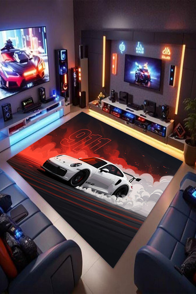 Reyhani Porsche 911 Desenli Kaymaz Taban Makinede Yıkanabilir Gamıng Salon Ha...