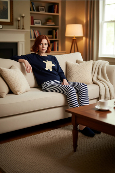 PayBuy طقم بيجامة نسائي بأكمام طويلة وياقة دائرية مع دمية دب، عملي ومتين وعال...